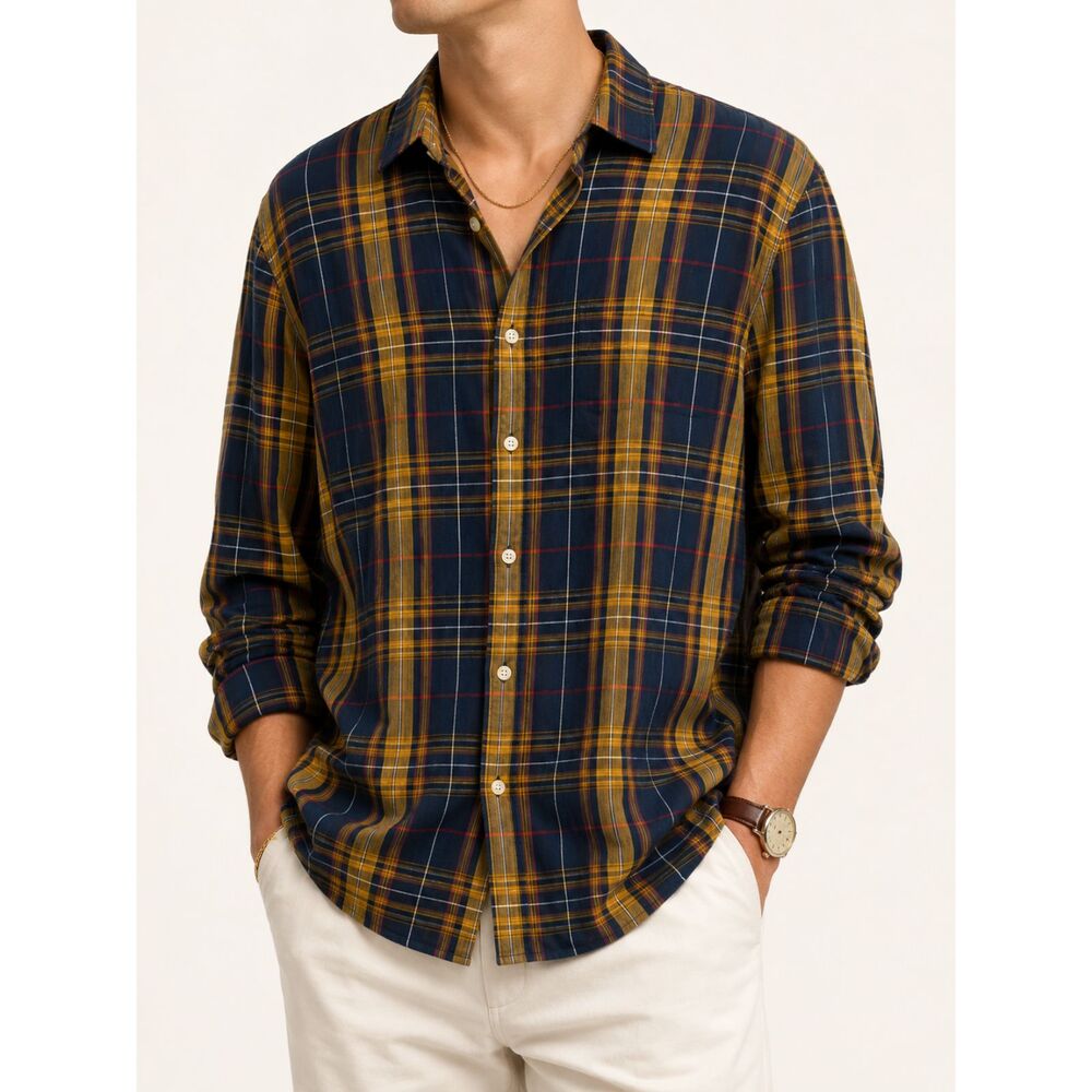 Banana Republic XL Tall Slim Fit Plaid Shirt Navy Gold Untucked Cotton Men's